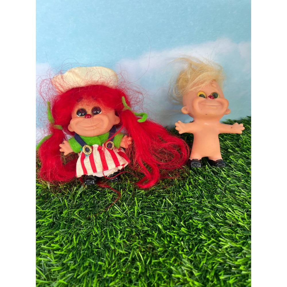 Vintage Troll Doll Lot of 2 Red Blonde Hair Retro 1960s 70s Kitsch Toys